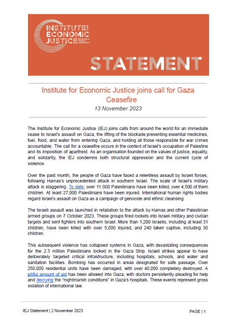 Institute for Economic Justice joins call for Gaza Ceasefire